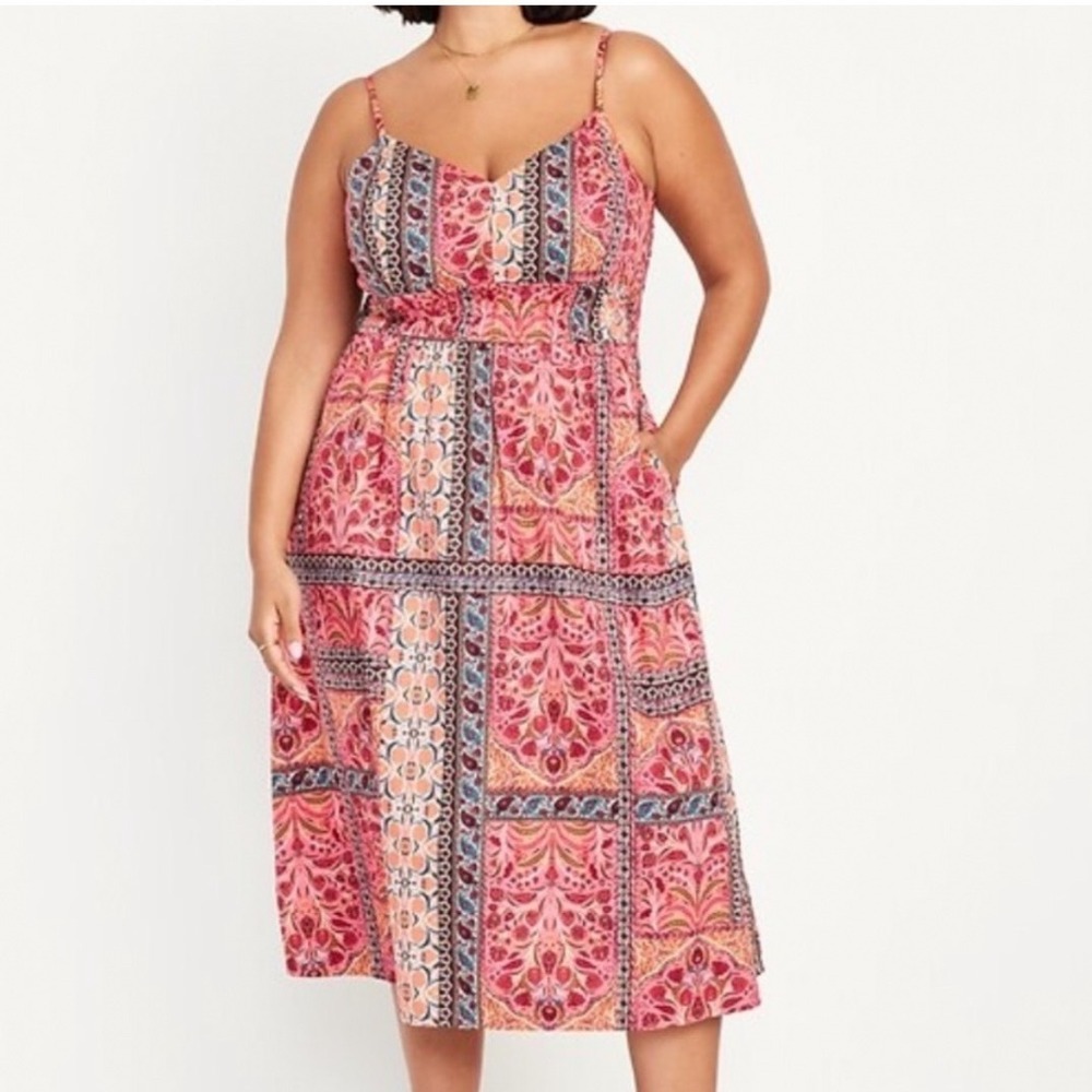 Old Navy Waist-Defined Cami Midi Dress Pink Paisley Patchwork Smocked Boho L